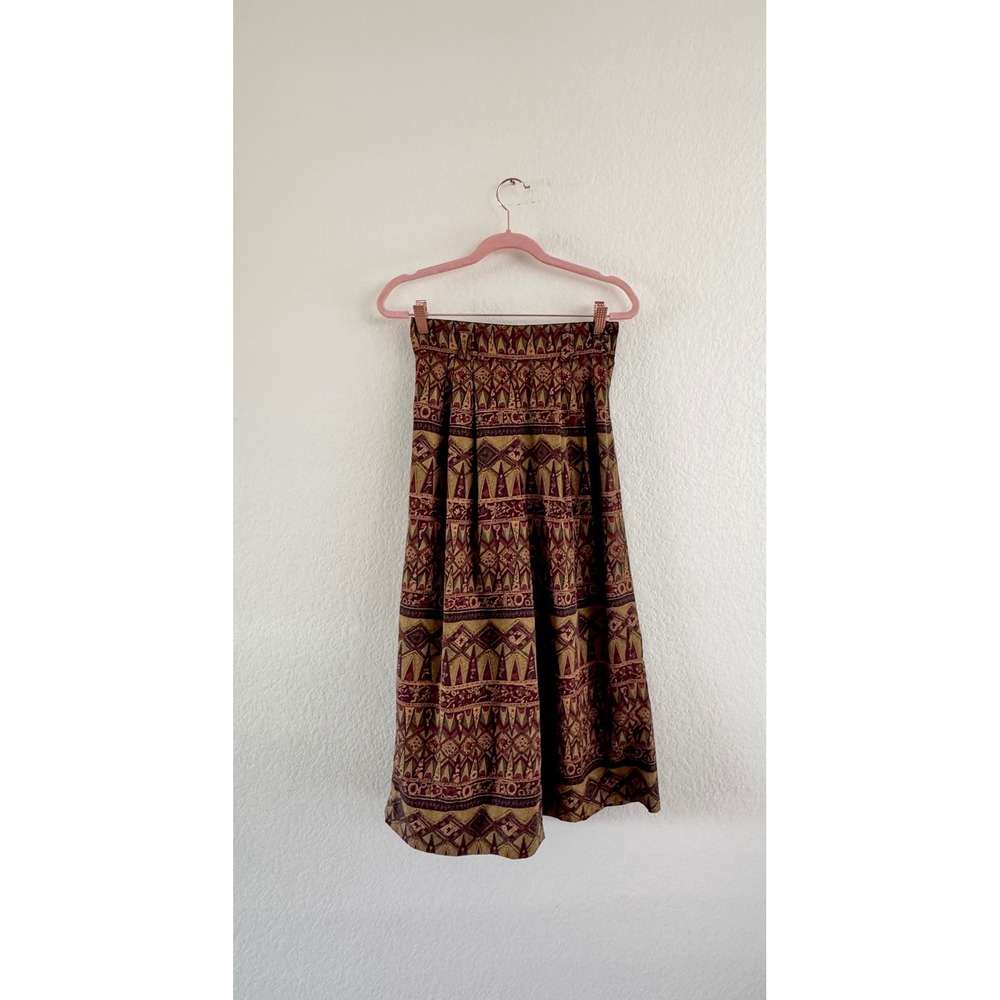 Vintage Wide Leg Trousers Women 25 Burgundy Green Geometric Tapestry Culottes